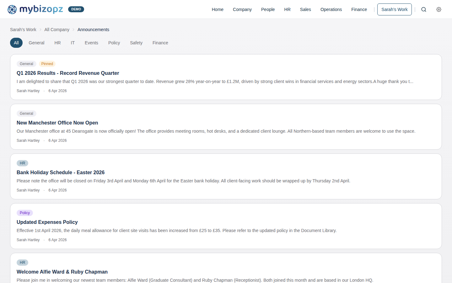 Company announcements feed with pinned and categorised posts