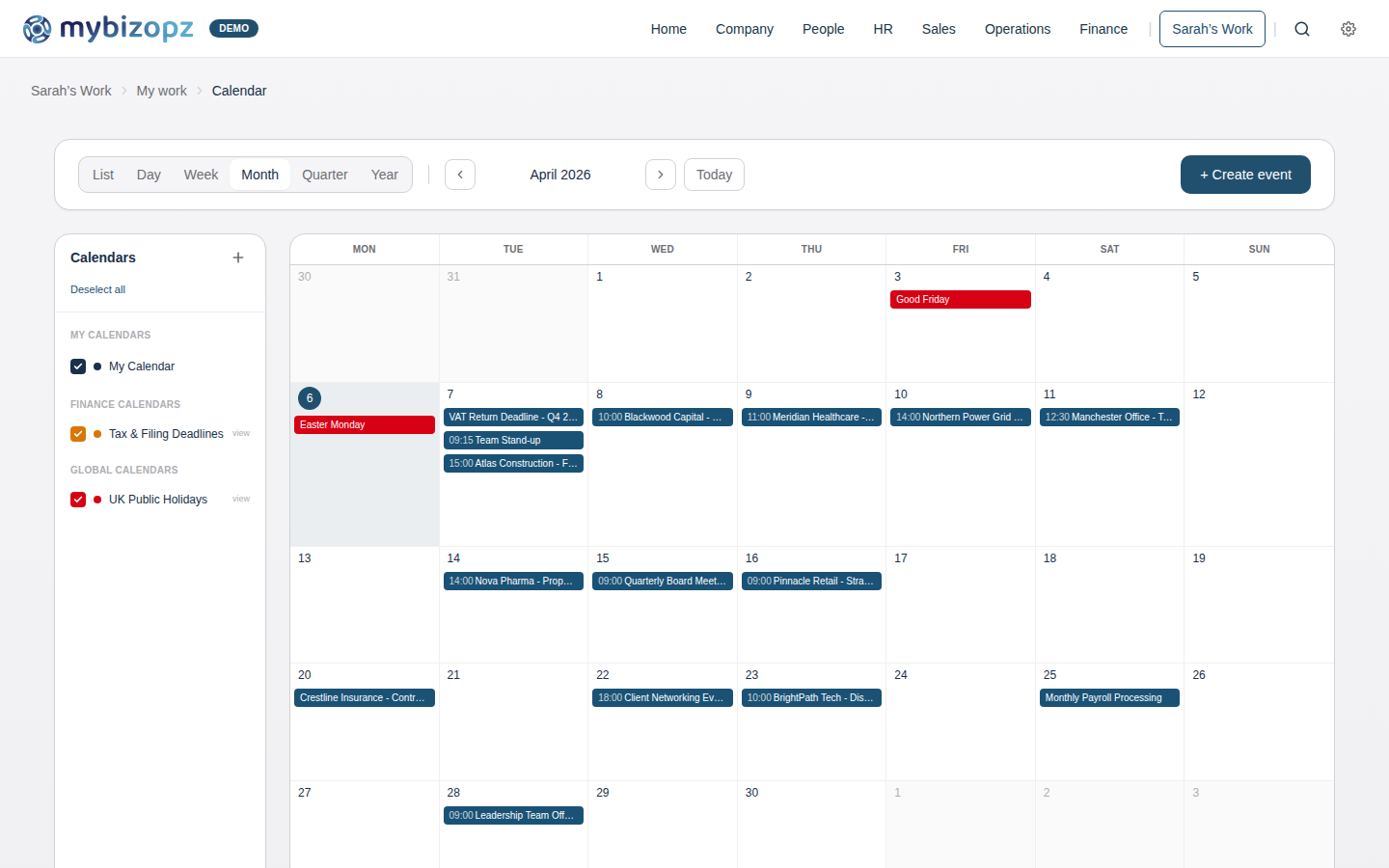 mybizopz multi-calendar showing meetings, deadlines and events across personal, team and project calendars