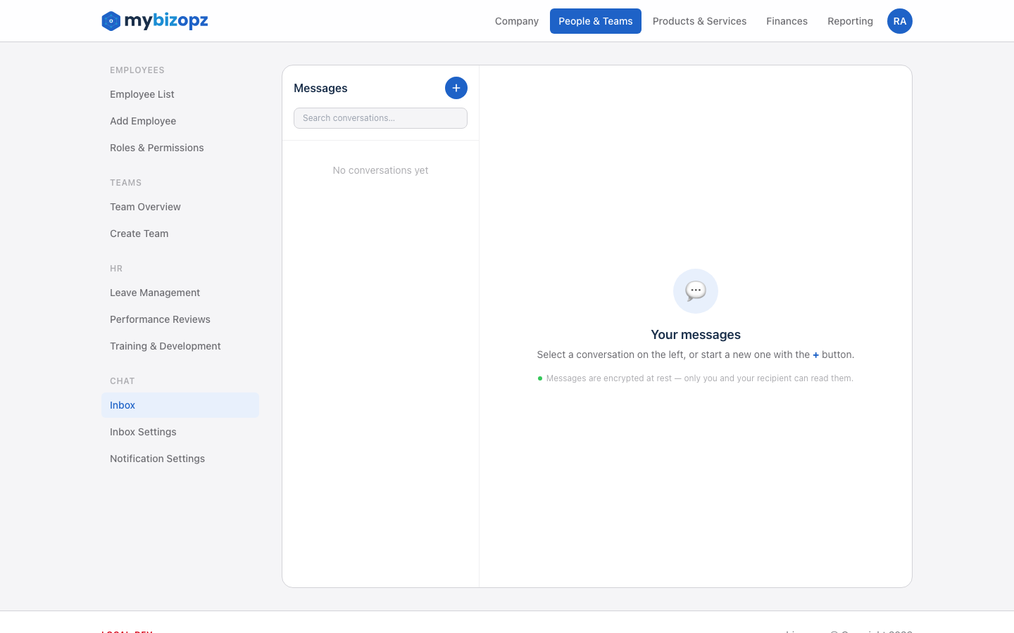 mybizopz team chat — encrypted messaging with read receipts and file sharing