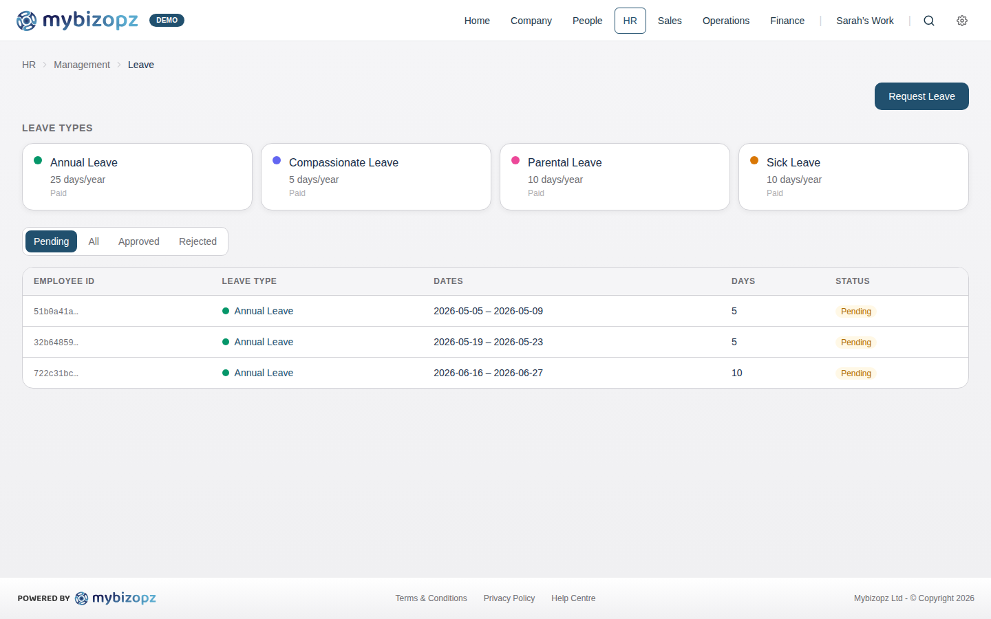mybizopz leave management with requests and approvals