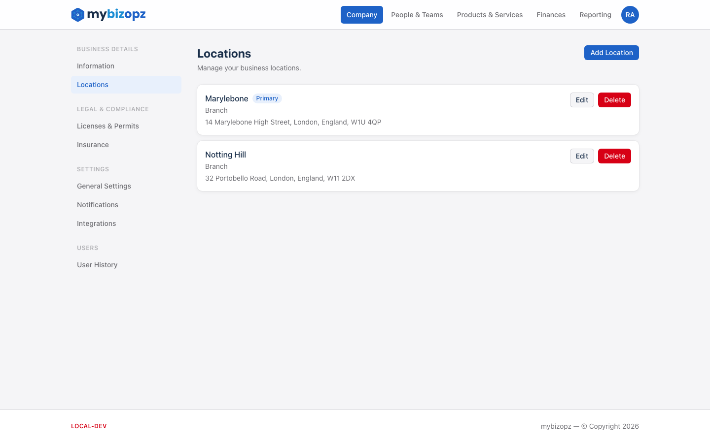 Multiple UK business locations management in mybizopz