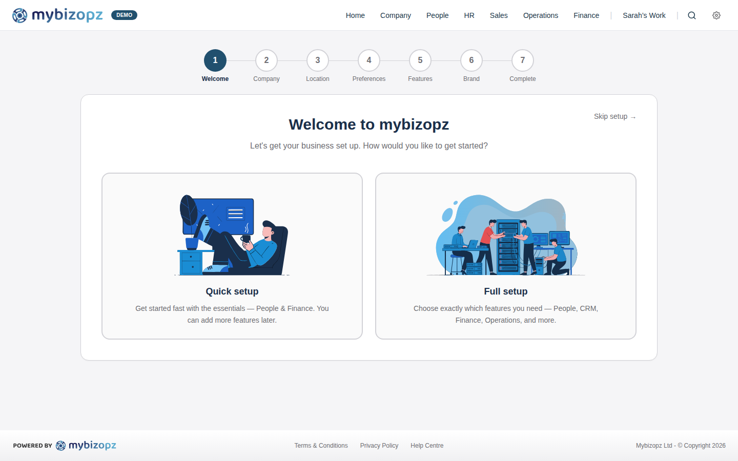 mybizopz guided onboarding wizard with Quick and Full setup options