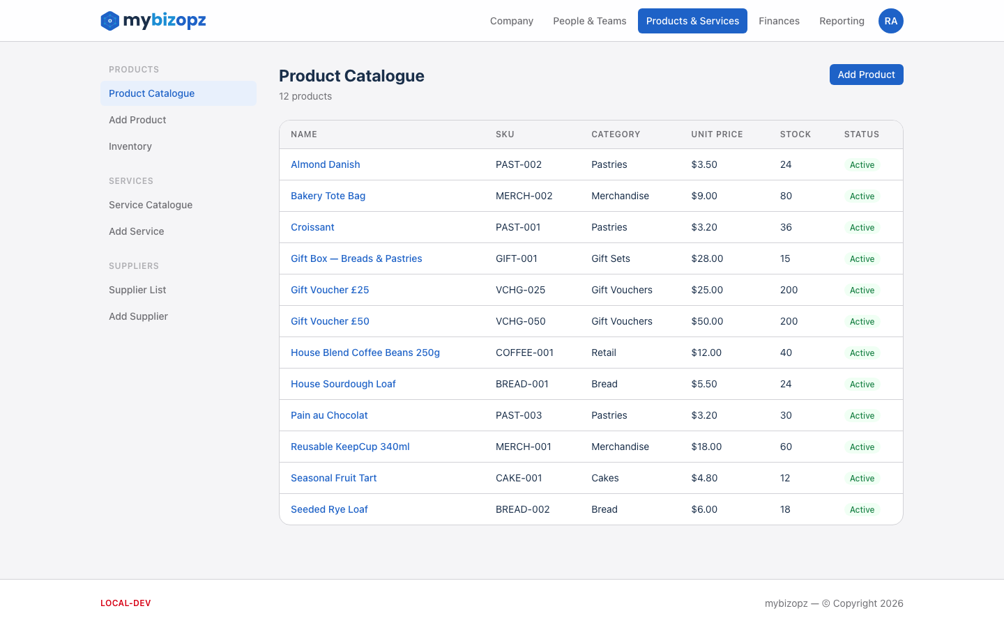 Product catalogue with SKUs, pricing and inventory tracking in mybizopz