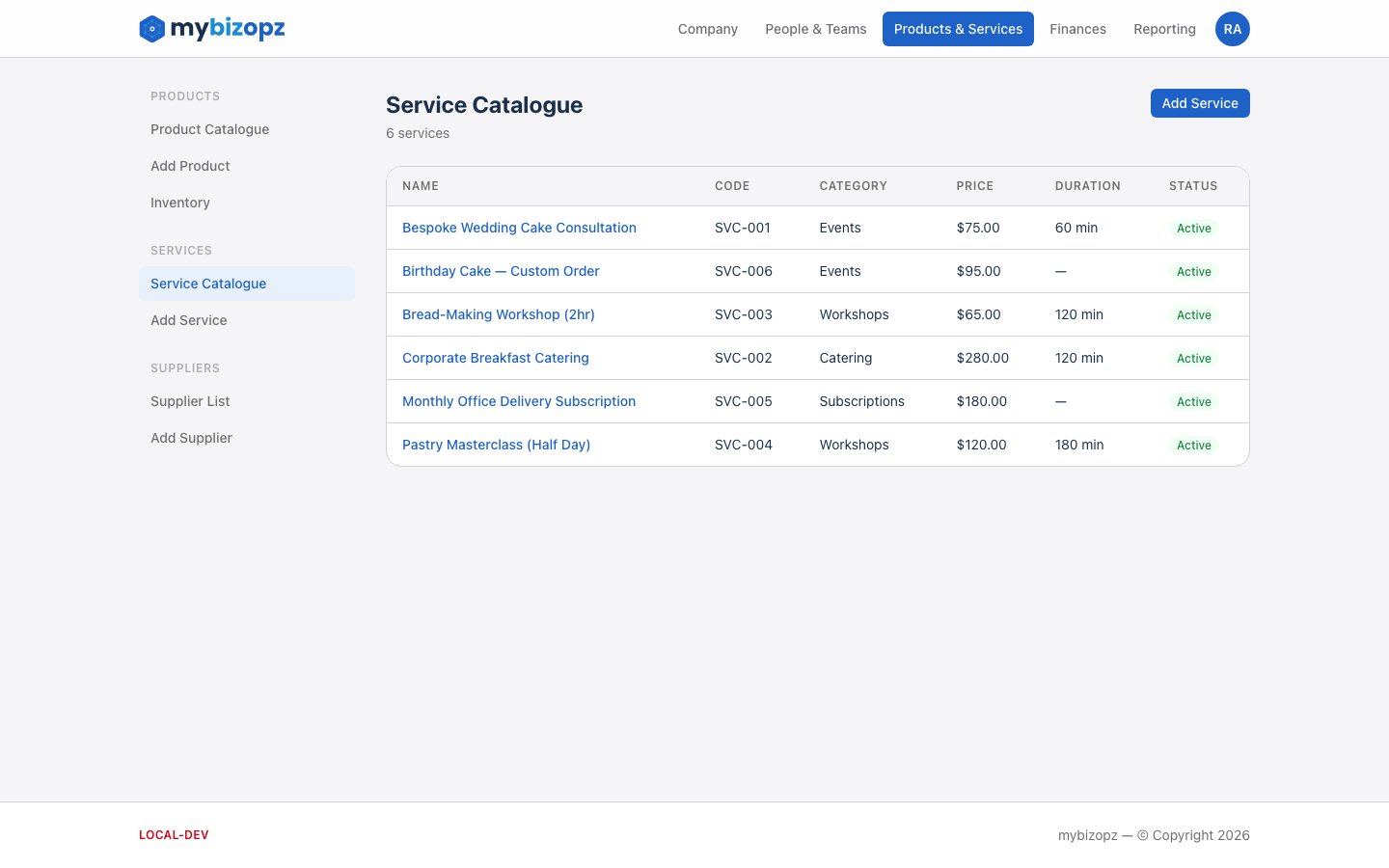 mybizopz services catalogue — manage pricing, durations and billing rates for UK businesses