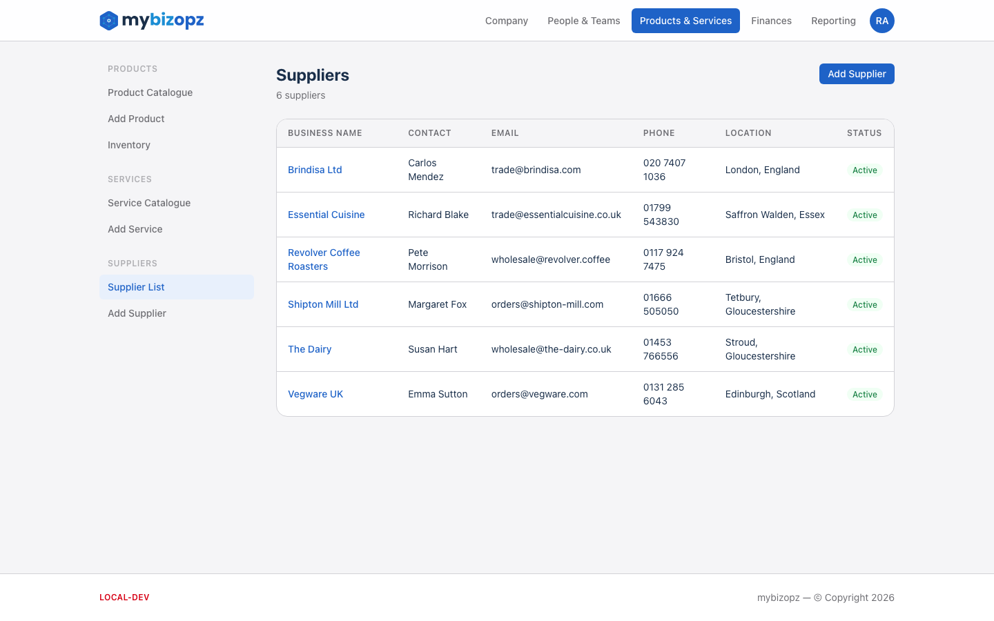 Supplier management with contacts and payment terms in mybizopz