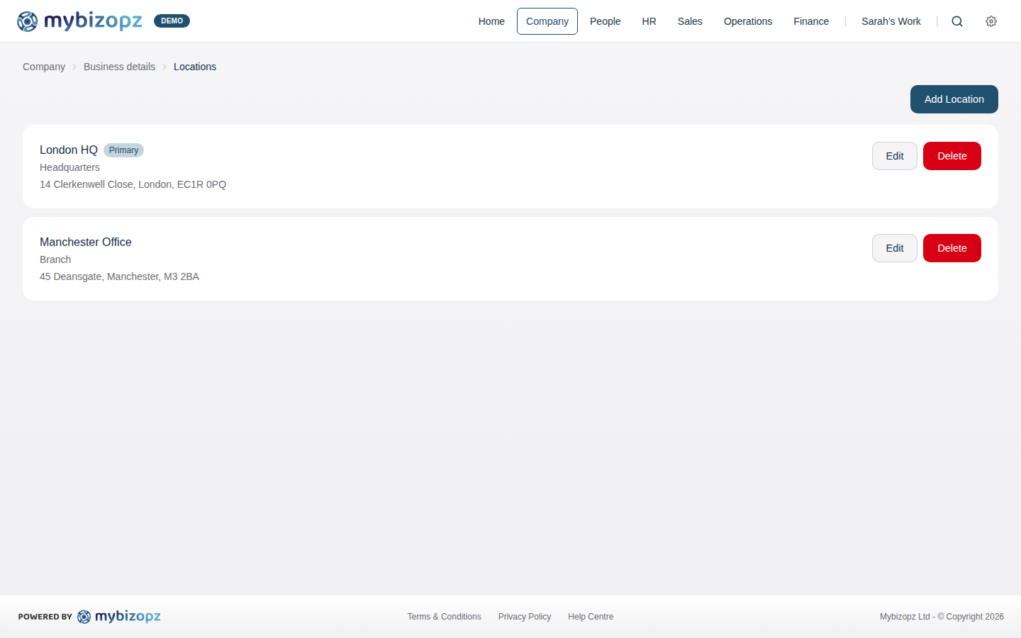 Multi-location management showing London HQ and Manchester office