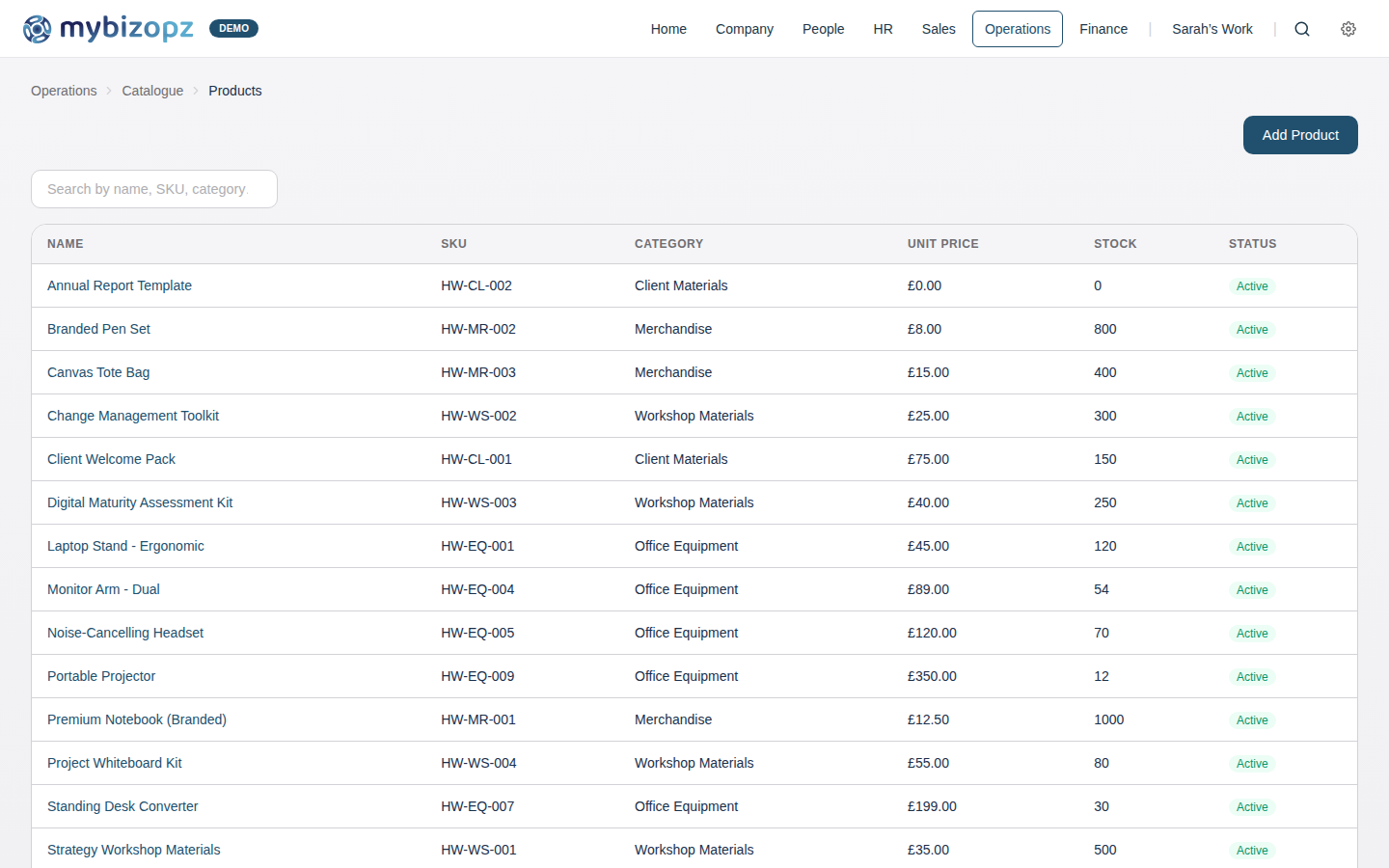 mybizopz product catalogue with stock tracking